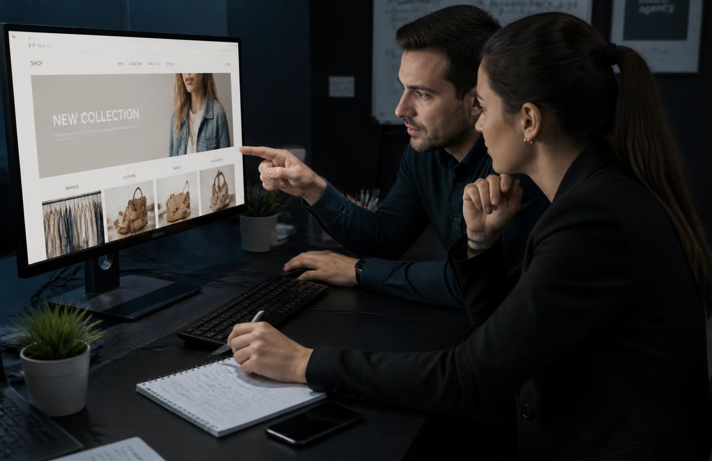 A working session in the studio reviewing storefront layouts on screen